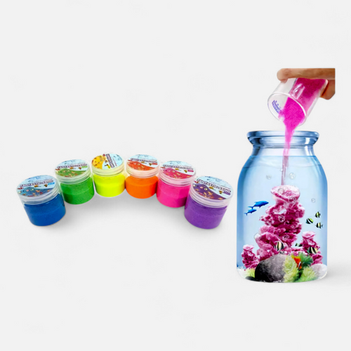Colorful slime containers with a hand pouring pink slime into a decorated jar on a white background